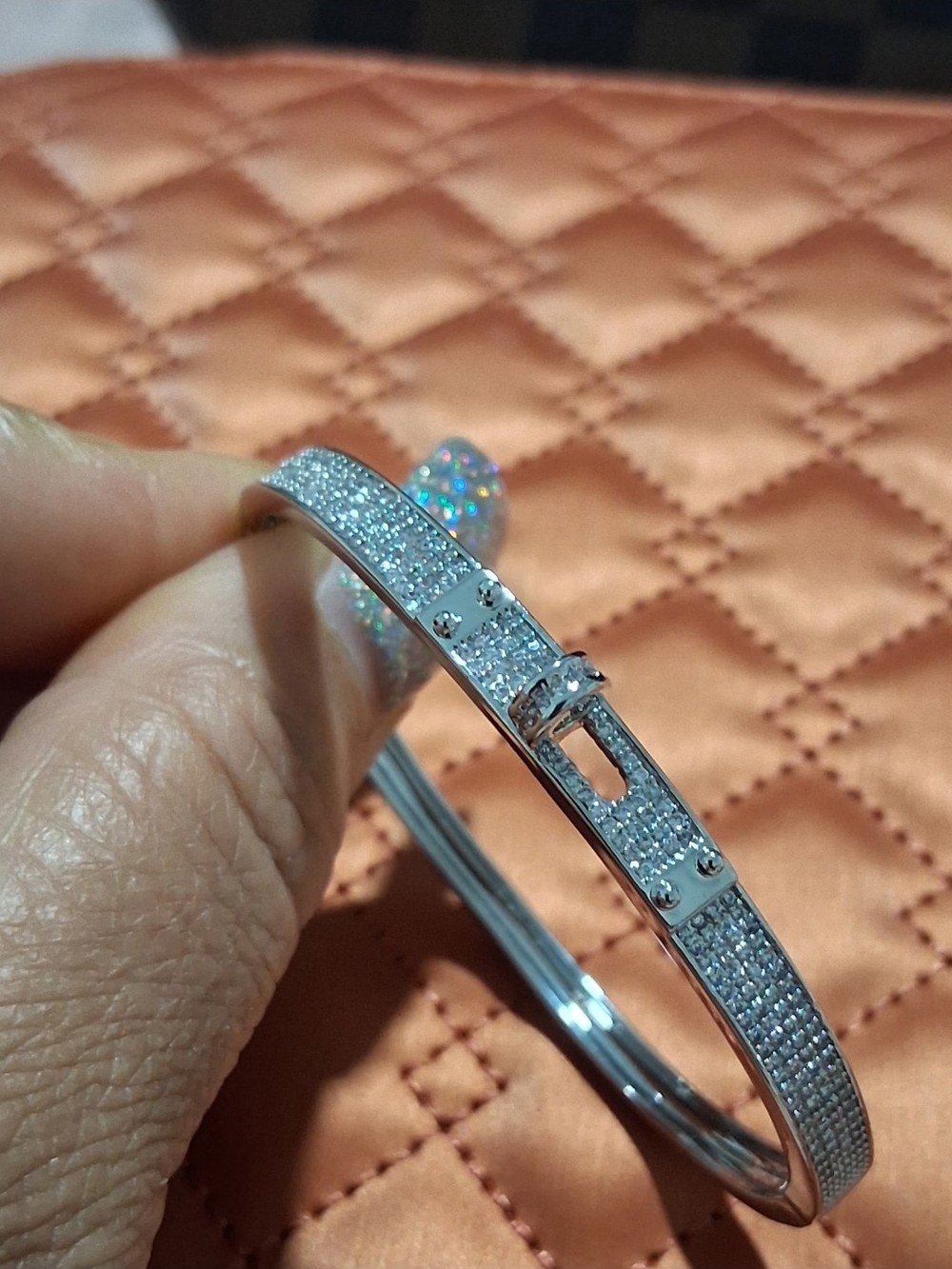 Silver Rhinestone Pave Designer Style Hinged Bangle Bracelet
